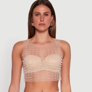 Elegant Sheer Cream Top with Pearl Embellishments